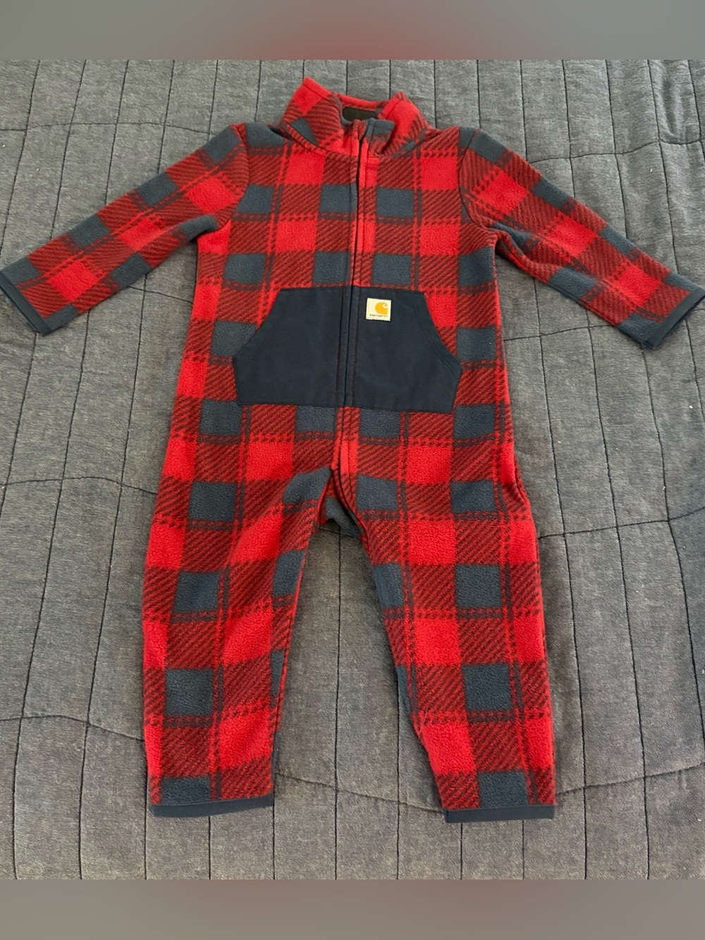 Carhartt Baby Red & Blue Cozy Zip Buffalo Plaid Fleece One-Piece Jumpsuit, 12M